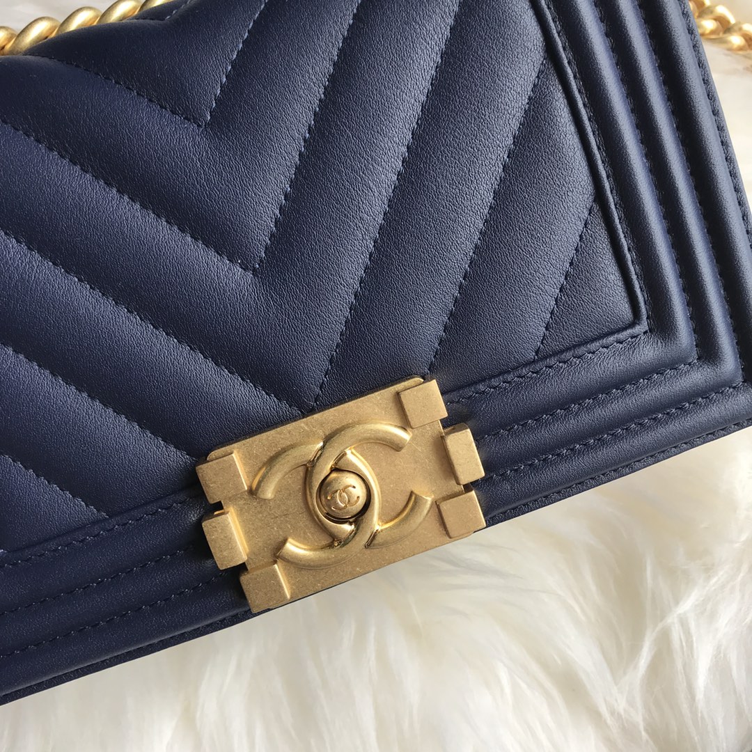 Lambskin Small Boy Handbag Flap Bag A67085 Dark Blue/Gold